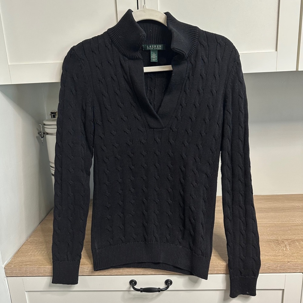 Lauren Ralph Lauren Cable Knit Sweater Womens S Black Split Neck Cotton